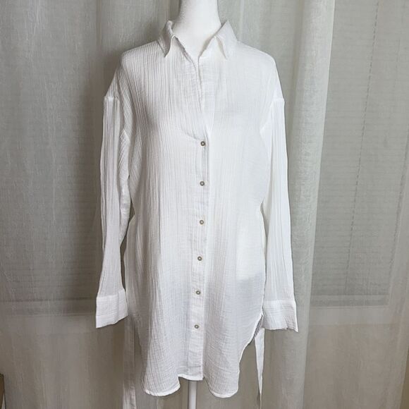 A & F S Oversized White Gauze Lightweight Cotton Button Down Belted Shirt Tunic - Picture 9 of 12